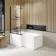 L Shaped 1600 Shower Bath with Front Panel & 6mm Matt Black Easy Clean Screen with Rail - Left Handed