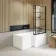 L Shaped 1600 Shower Bath with Front Panel & 6mm Easy Clean Matt Black Grid Bath Screen - Right Handed