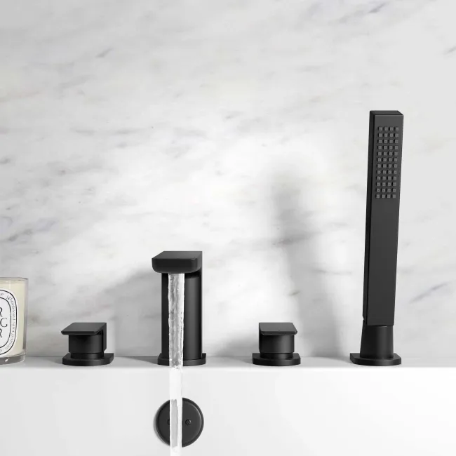 Ribble Matt Black Deck Mounted 4TH Bath Shower Mixer Tap & Handheld Shower
