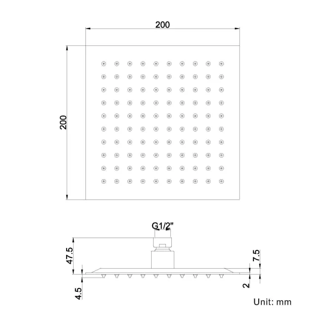 200mm Matt Black Square Stainless Steel Slim Shower Head