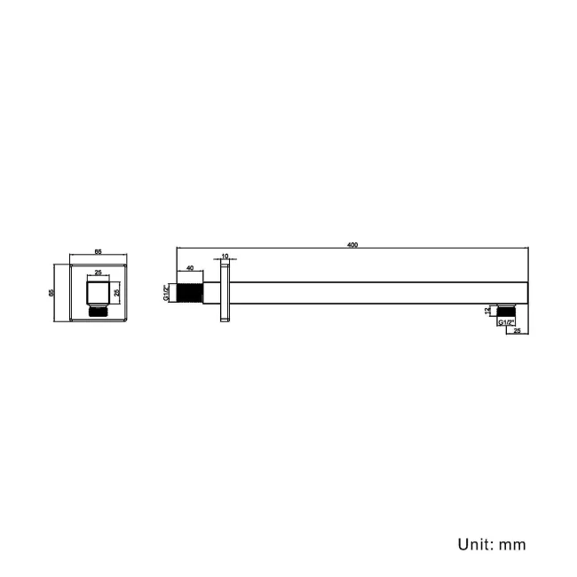 400mm Matt Black Square Wall Mounted Shower Arm
