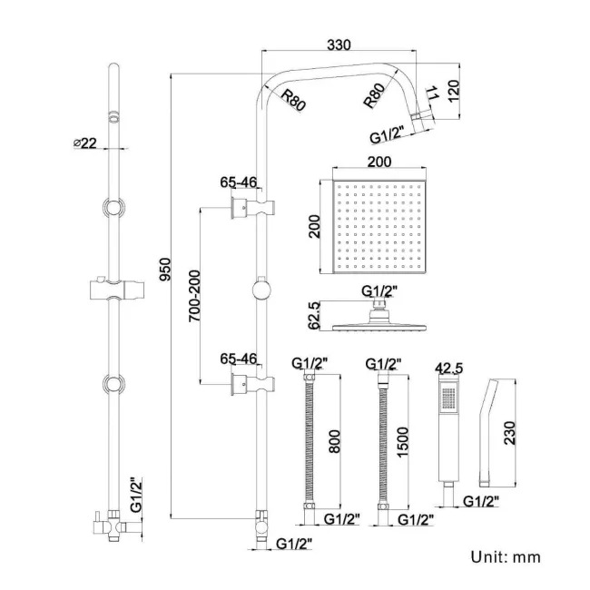 Lismore Square Chrome Shower Riser Kit