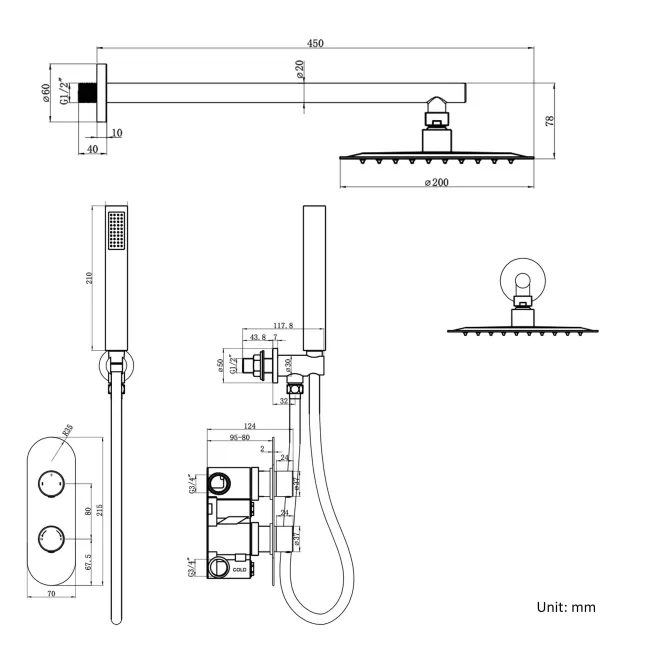 Ballina Premium Brushed Brass Round Thermostatic Shower Set - 200mm Head & Hand Shower