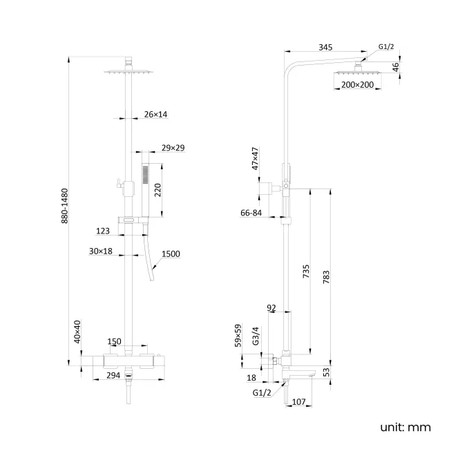 Skye Square Matt Black Thermostatic Bath Filler Shower Set