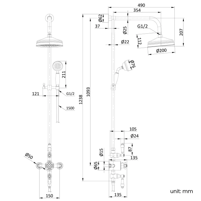 Nevis Brushed Brass Traditional Thermostatic Shower Set with Hand Shower
