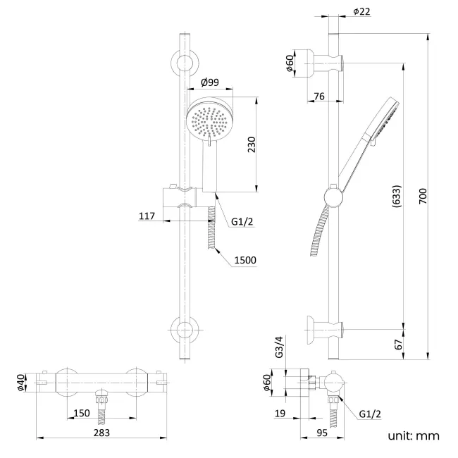 Aran Chrome Round Thermostatic Bar Shower Set