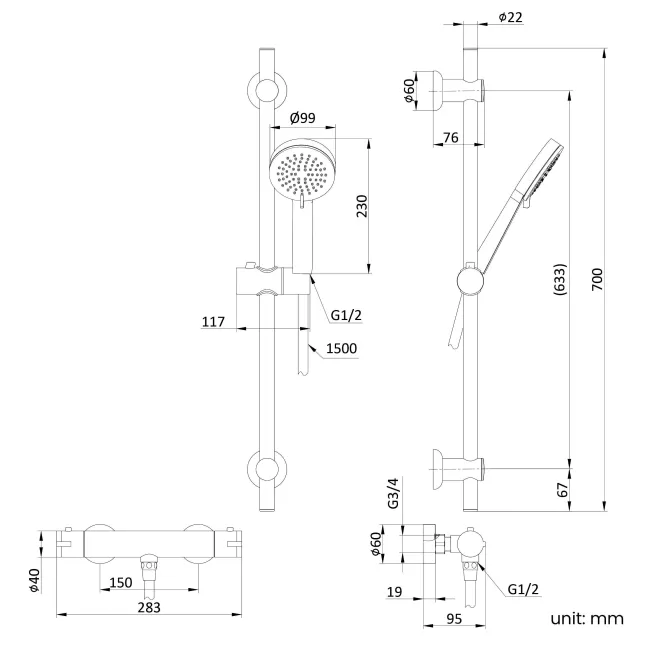 Aran Brushed Brass Round Thermostatic Bar Shower Set