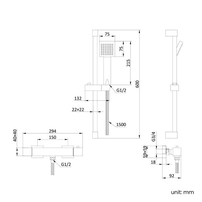 Cork Chrome Square Thermostatic Bar Shower Set