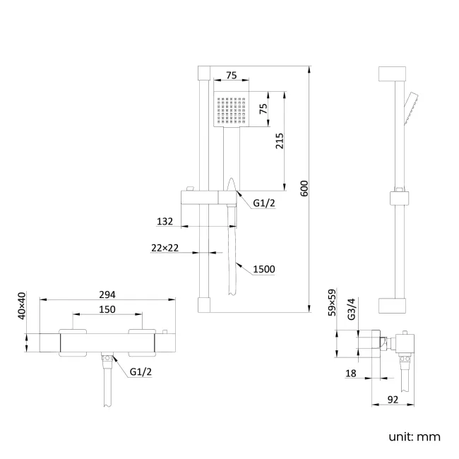 Cork Matt Black Square Thermostatic Bar Shower Set