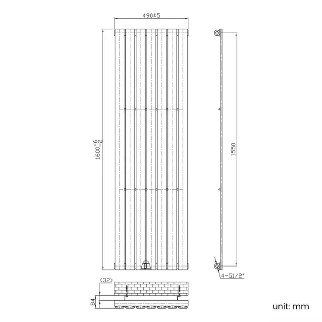 Faro Matt Black Single Flat Panel Vertical Radiator 1600x490mm