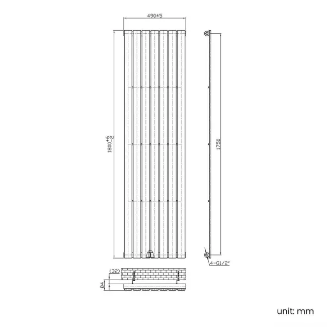 Faro Anthracite Single Flat Panel Vertical Radiator 1800x490mm