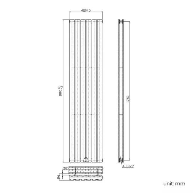 Faro Matt Black Double Flat Panel Vertical Radiator 1800x420mm