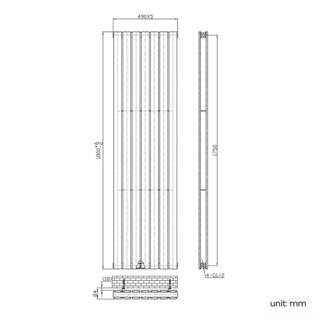 Faro Matt Black Double Flat Panel Vertical Radiator 1800x490mm