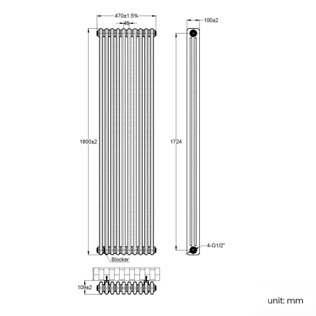 Athens Stone Grey Triple Column Vertical Traditional Radiator 1800x470mm