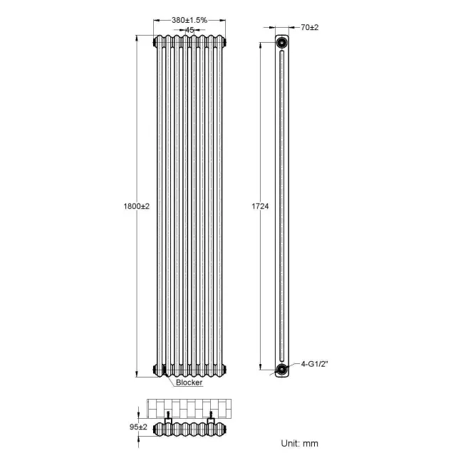 Athens Matt Black Double Column Vertical Traditional Radiator 1800x380mm