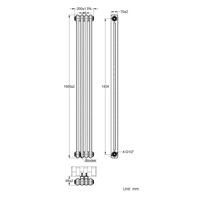 Athens Anthracite Double Column Vertical Traditional Radiator 1500x200mm