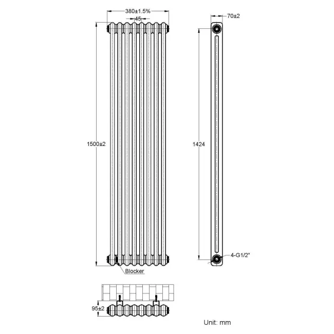 Athens Anthracite Double Column Vertical Traditional Radiator 1500x380mm