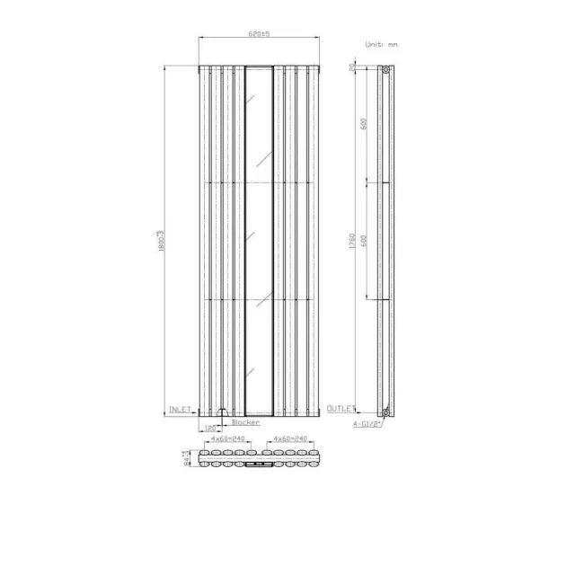 Marseille Anthracite Double Vertical Mirror Radiator 1800x620mm