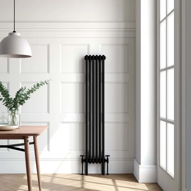 Athens Matt Black Triple Column Vertical Traditional Radiator 1500x290mm