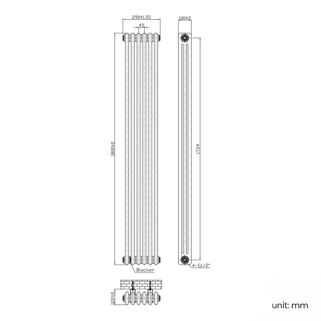 Athens Inky Blue Triple Column Vertical Traditional Radiator 1800x290mm