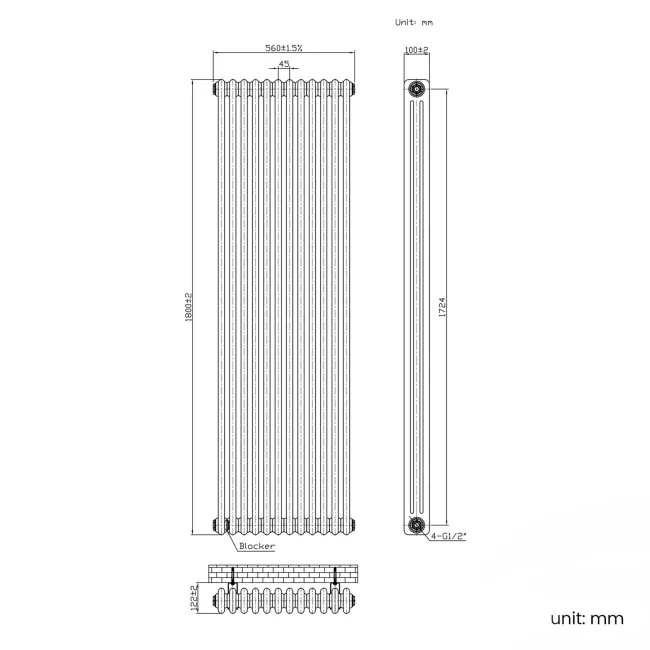 Athens Inky Blue Triple Column Vertical Traditional Radiator 1800x560mm