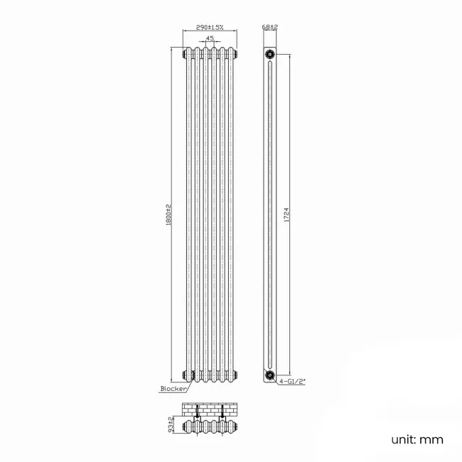 Athens Stone Grey Double Column Vertical Traditional Radiator 1800x290mm