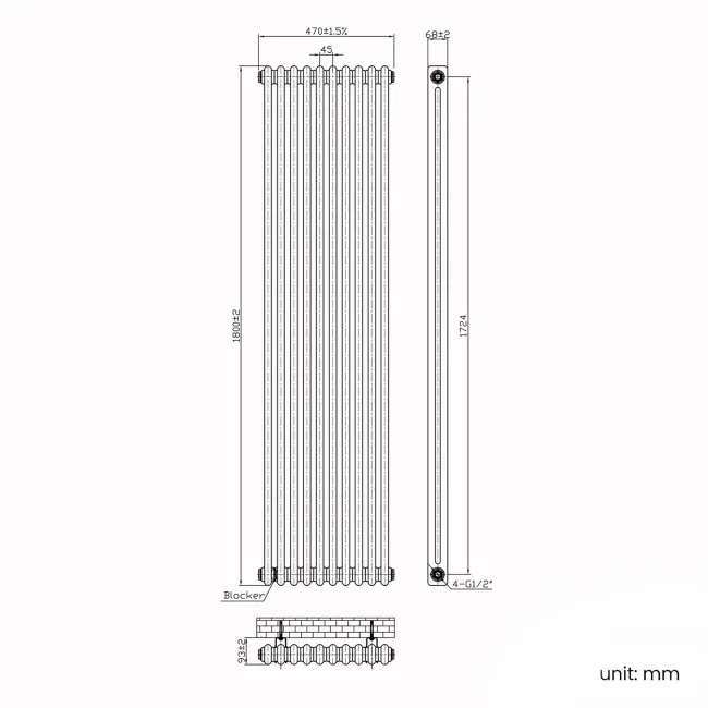 Athens Stone Grey Double Column Vertical Traditional Radiator 1800x470mm
