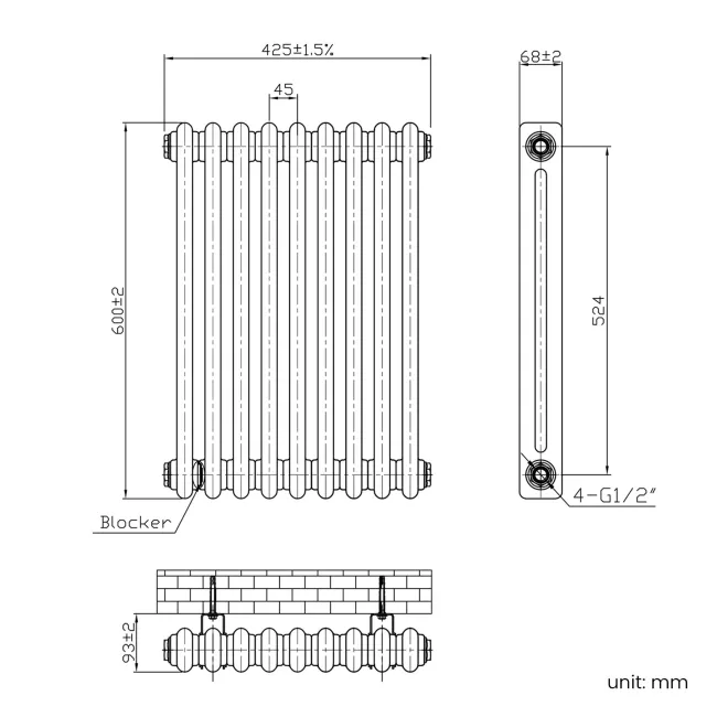 Athens Raw Metal Double Column Horizontal Traditional Radiator 600x425mm