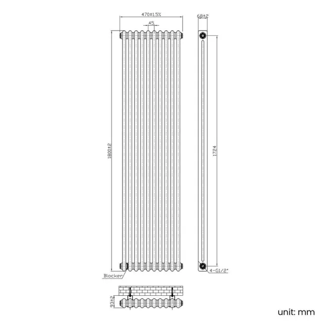Athens Antique Gold Double Column Vertical Traditional Radiator 1800x470mm