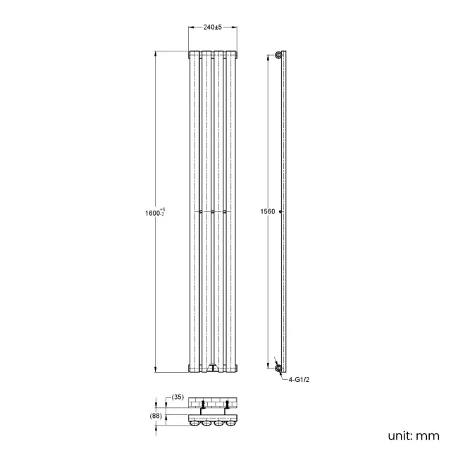 Marbella Matt Black Single Oval Panel Radiator 1600x240mm