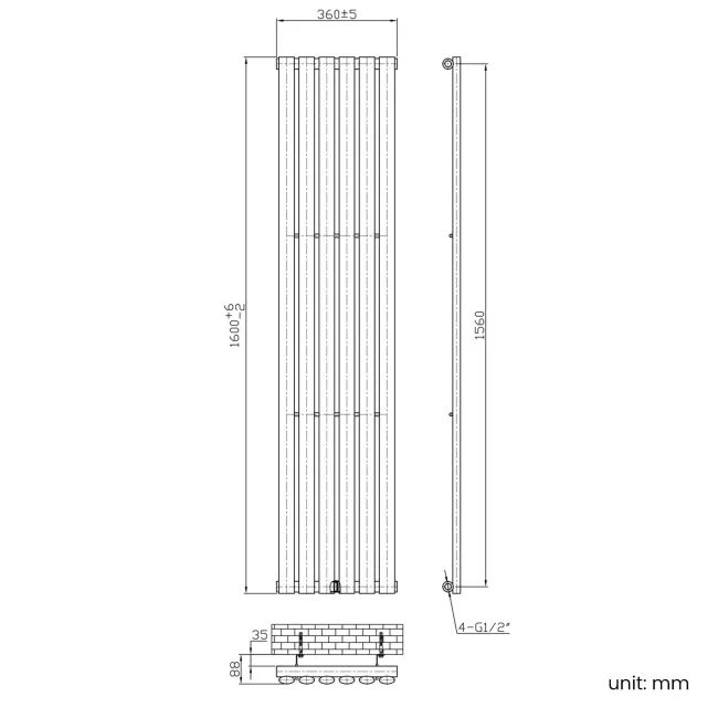 Marbella Matt Black Single Oval Panel Radiator 1600x360mm