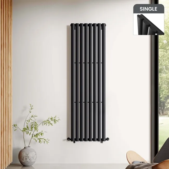 Marbella Matt Black Single Oval Panel Radiator 1600x480mm