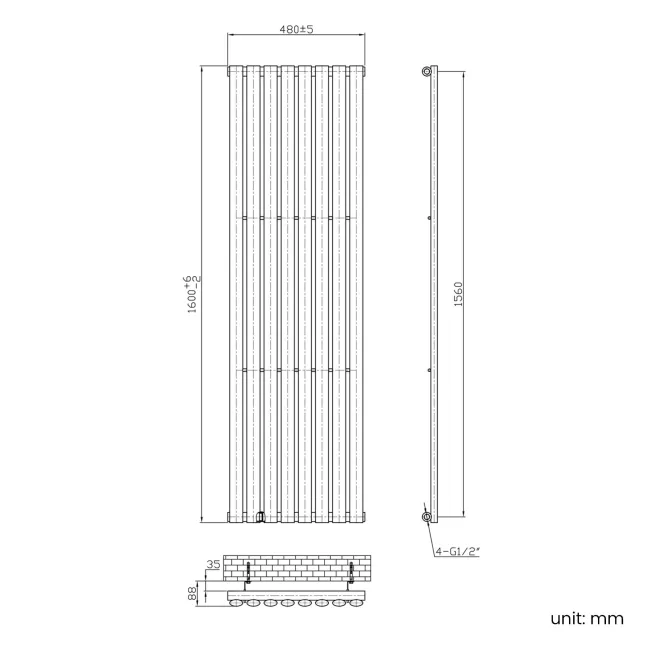 Marbella Matt Black Single Oval Panel Radiator 1600x480mm