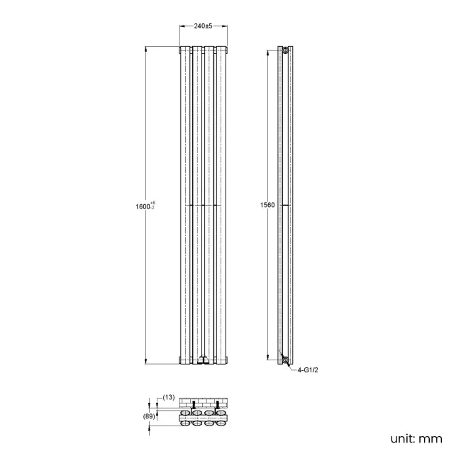 Marbella Matt Black Double Oval Panel Radiator 1600x240mm