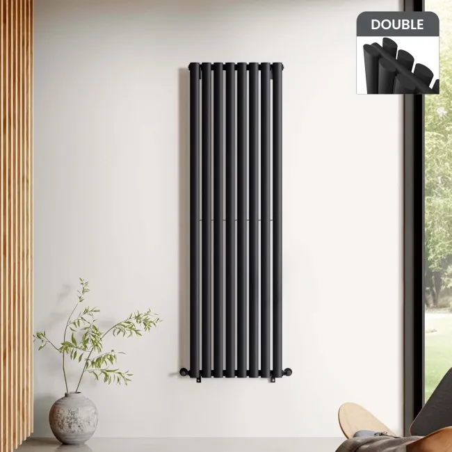 Marbella Matt Black Double Oval Panel Radiator 1600x480mm