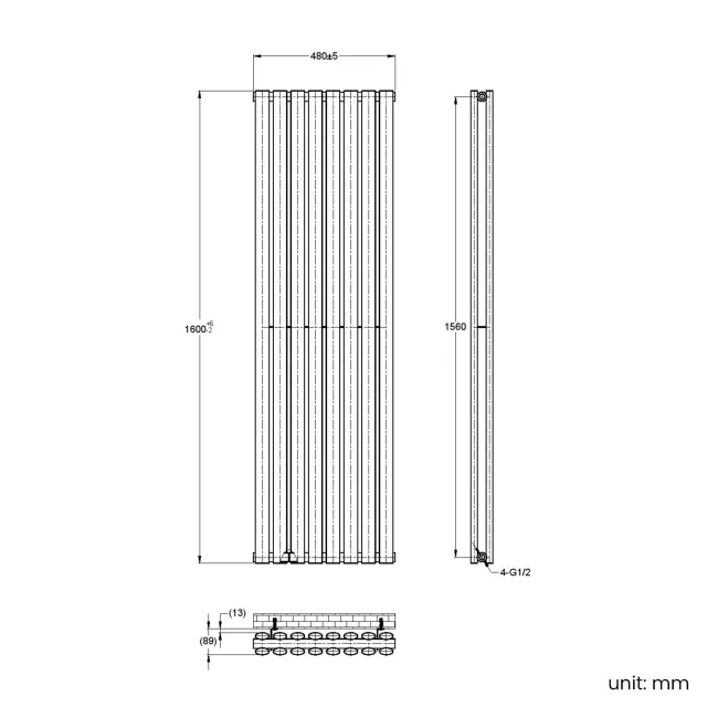 Marbella Matt Black Double Oval Panel Radiator 1600x480mm