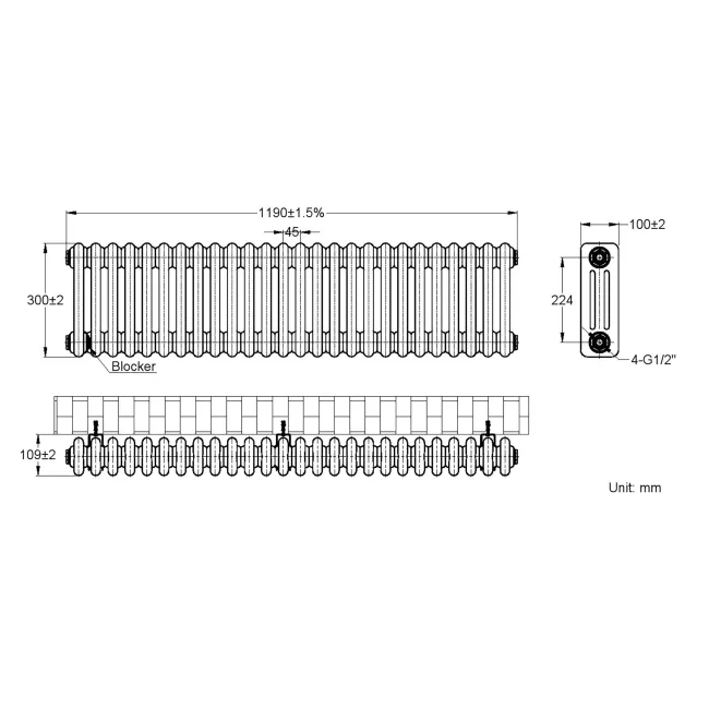 Athens White Triple Column Horizontal Traditional Radiator 300x1190mm