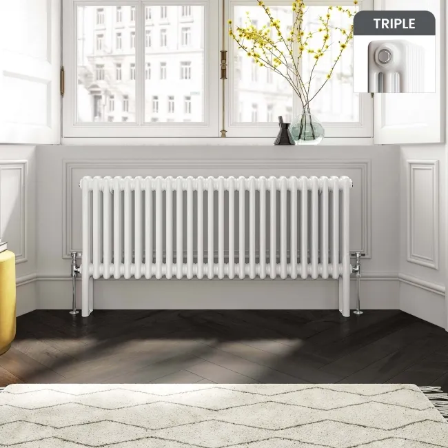 Athens White Triple Column Horizontal Traditional Radiator 450x1190mm