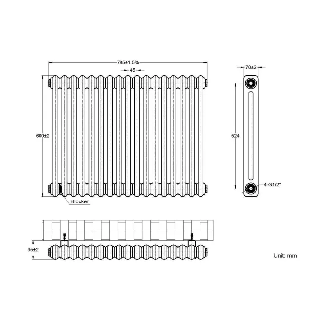 Athens Anthracite Double Column Horizontal Traditional Radiator 600x785mm