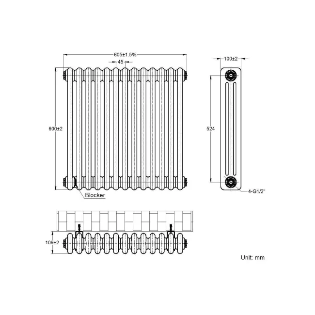 Athens Anthracite Triple Column Horizontal Traditional Radiator 600x605mm