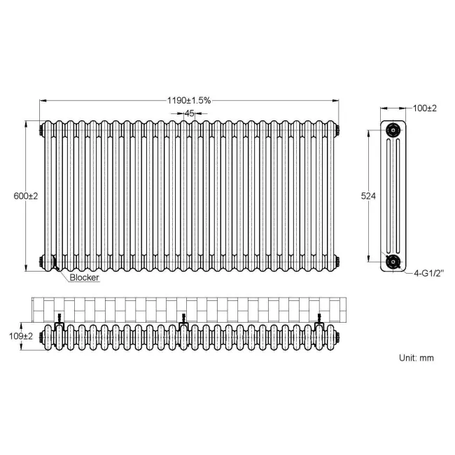 Athens Anthracite Triple Column Horizontal Traditional Radiator 600x1190mm