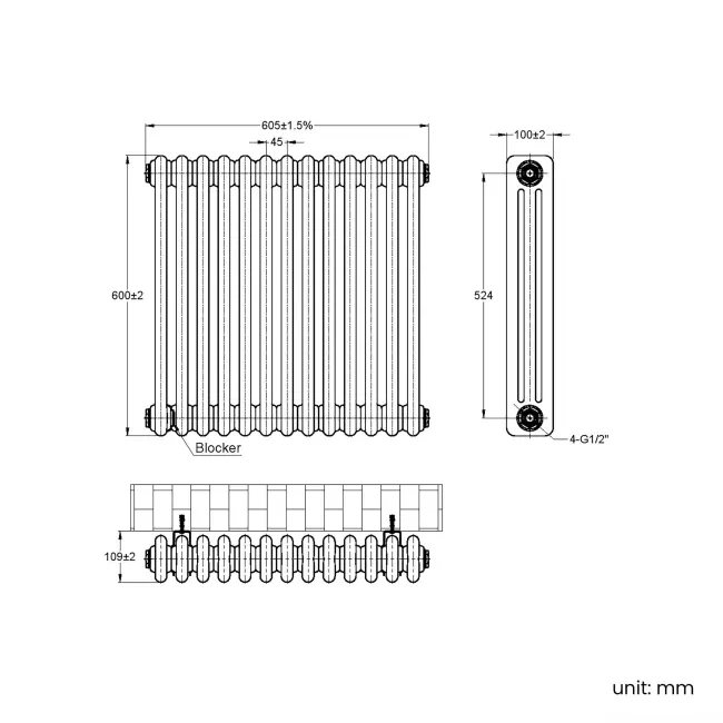 Athens Stone Grey Triple Column Horizontal Traditional Radiator 600x605mm