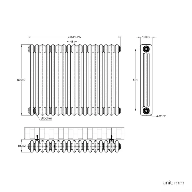 Athens Stone Grey Triple Column Horizontal Traditional Radiator 600x785mm