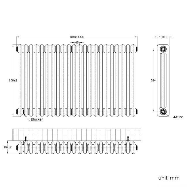 Athens Stone Grey Triple Column Horizontal Traditional Radiator 600x1010mm