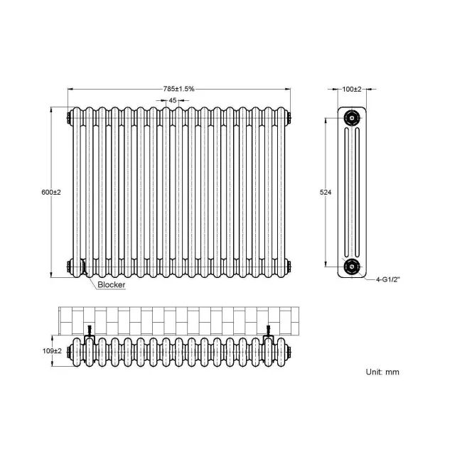 Athens Matt Black Triple Column Horizontal Traditional Radiator 600x785mm