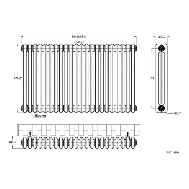 Athens Matt Black Triple Column Horizontal Traditional Radiator 600x1010mm