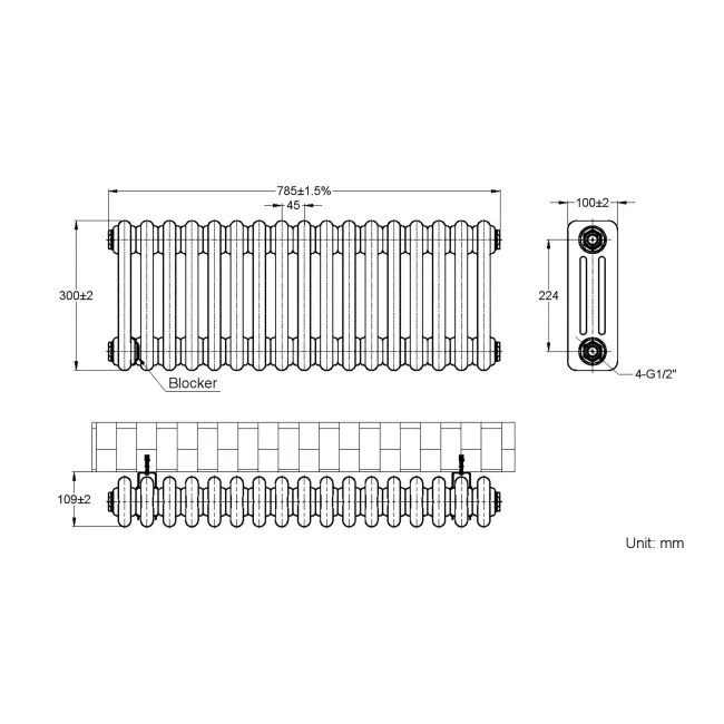 Athens Anthracite Triple Column Horizontal Traditional Radiator 300x785mm