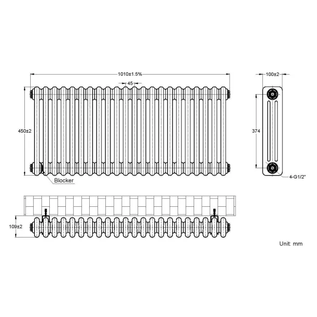 Athens Anthracite Triple Column Horizontal Traditional Radiator 450x1010mm