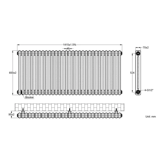 Athens Matt Black Double Column Horizontal Traditional Radiator 600x1415mm