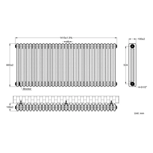 Athens Matt Black Triple Column Horizontal Traditional Radiator 600x1415mm